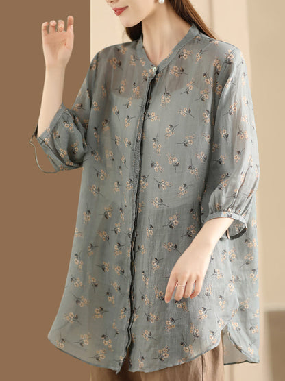 Chemise longue d'été en ramie à imprimé floral artistique pour femme BN1007