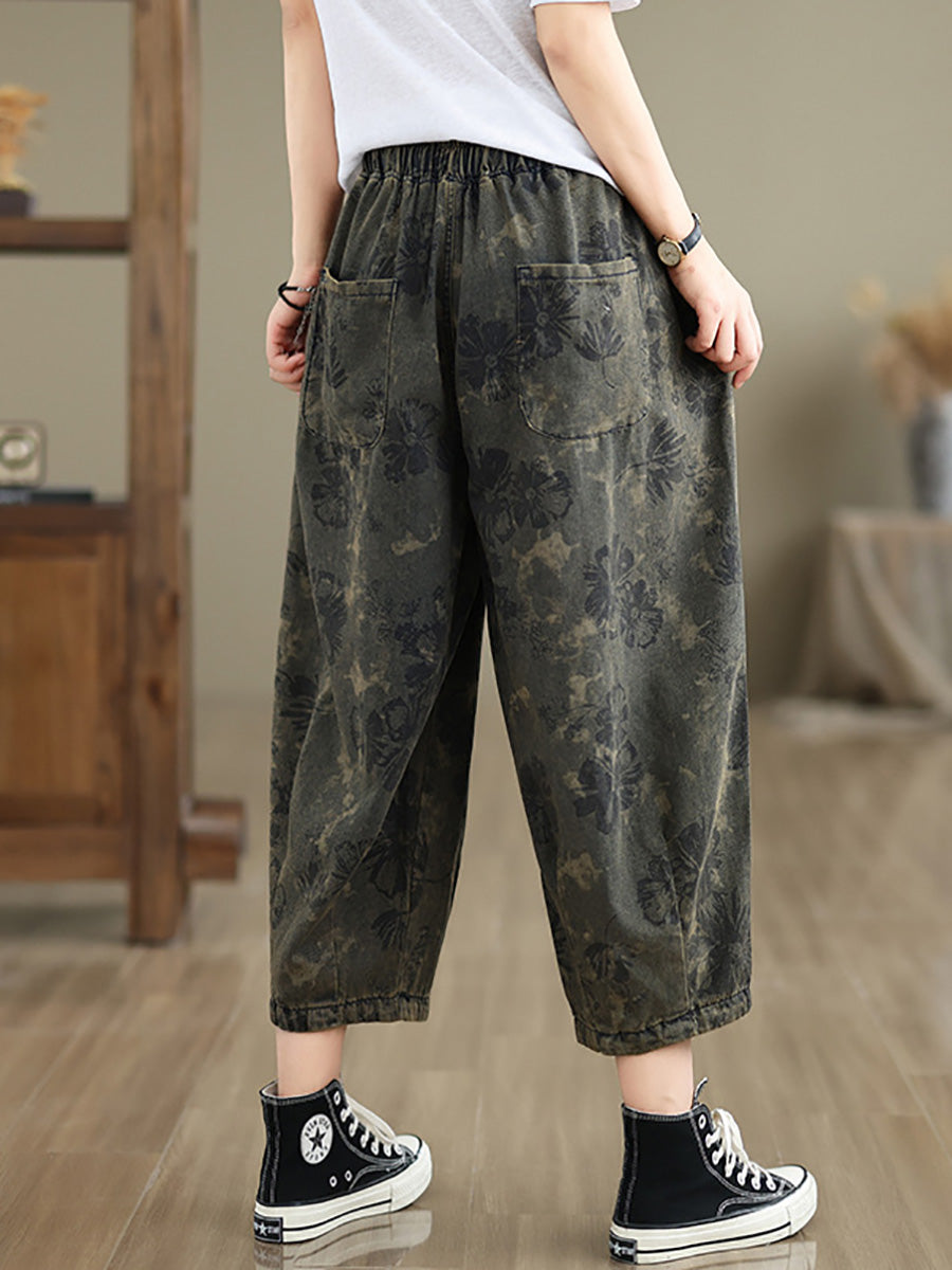 Women Summer Vintage Flower Denim Harem Pants LL034