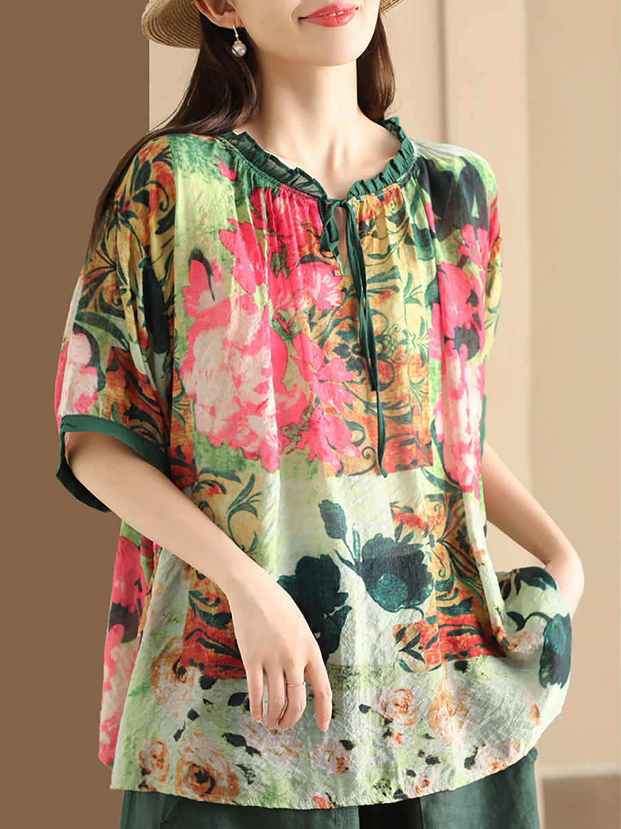 Women Summer Artsy Print Strap Loose Linen Shirt HH046