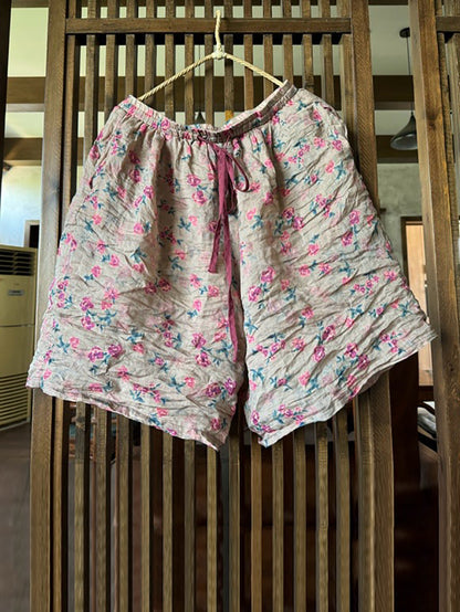 Short ample en ramie à fleurs vintage pour femme, été, AH595