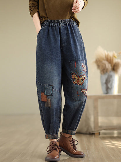 Pantalon sarouel en denim brodé de papillons artistiques d'automne pour femmes AI1078