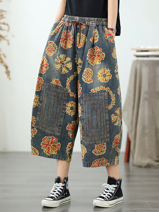 Pantalon droit rétro Capri en denim fleuri pour femme 