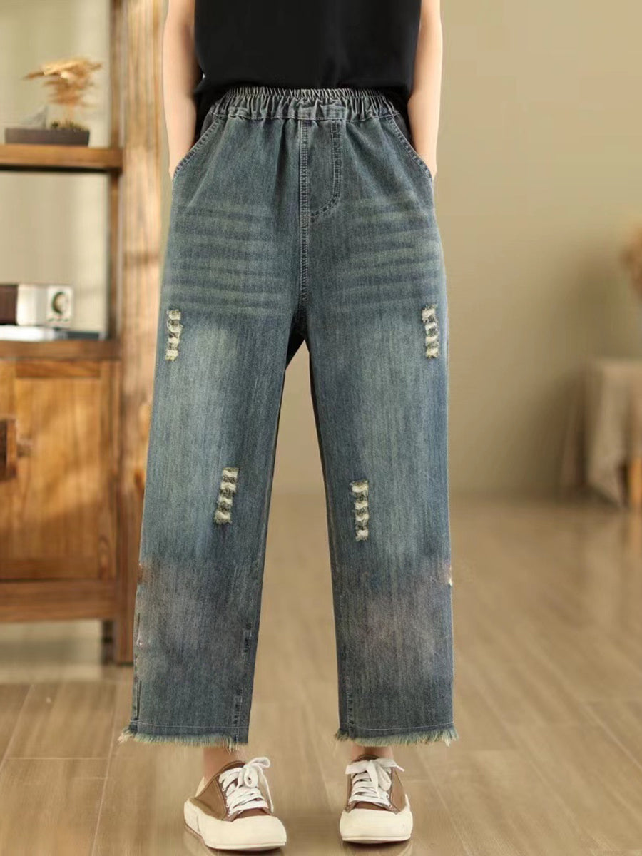 Frauen Sommer Retro Stickerei Ausgefranste Gerade Denim Hosen AS1042