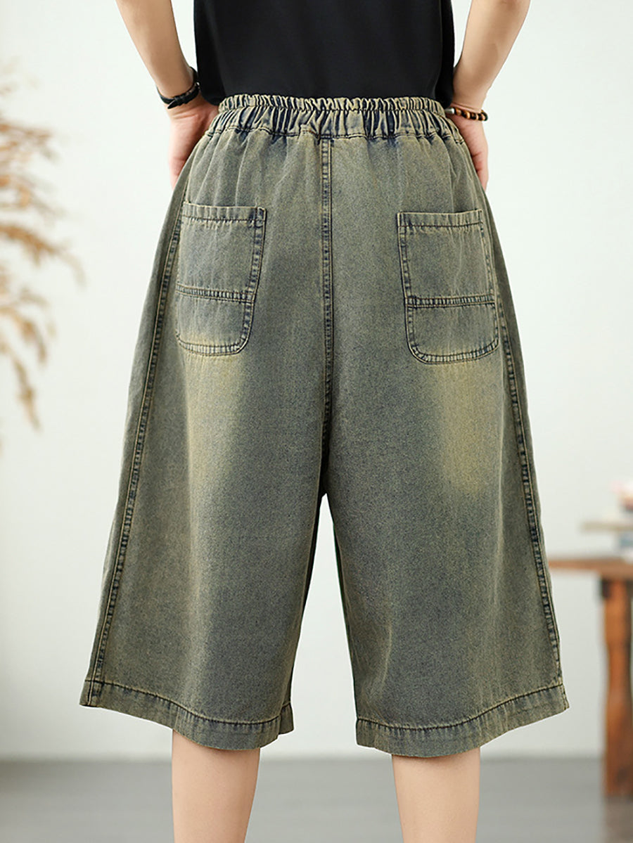 Pantalon droit en denim brodé pour femme, style rétro floral 