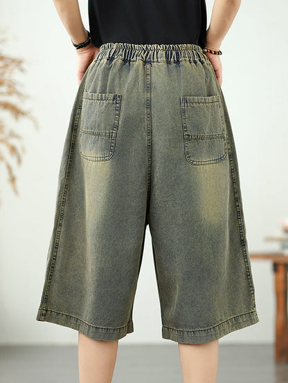 Pantalon droit en denim brodé pour femme, style rétro floral 