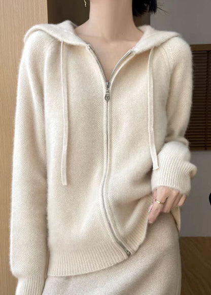 Manteau élégant en tricot de coton uni à capuche et fermeture éclair beige pour l'automne QX027 