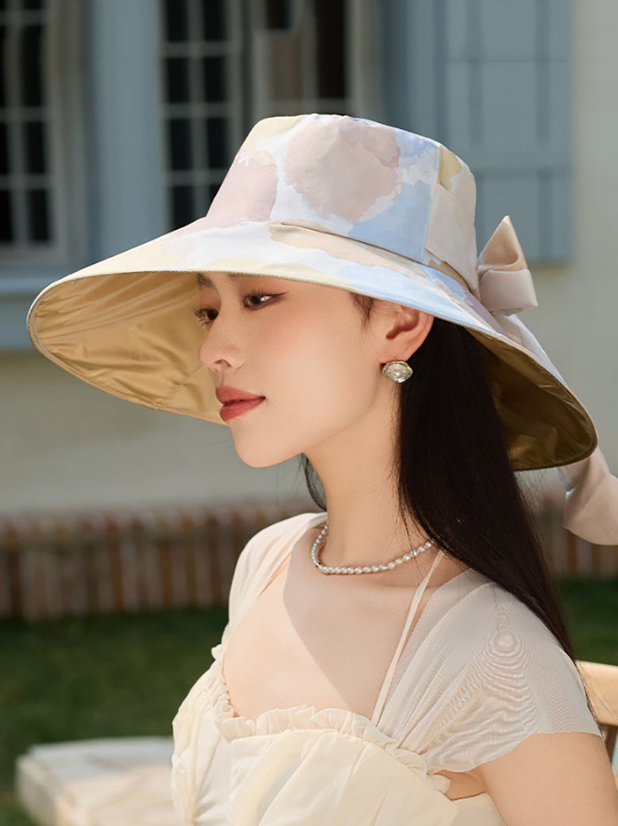 Sonnenfester Hut mit Schleife im Farbblockdesign für Damen