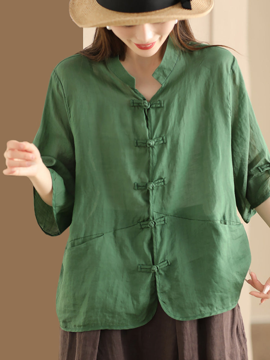 Women Summer Ethnic Solid Button-up Ramie Shirt QW1046