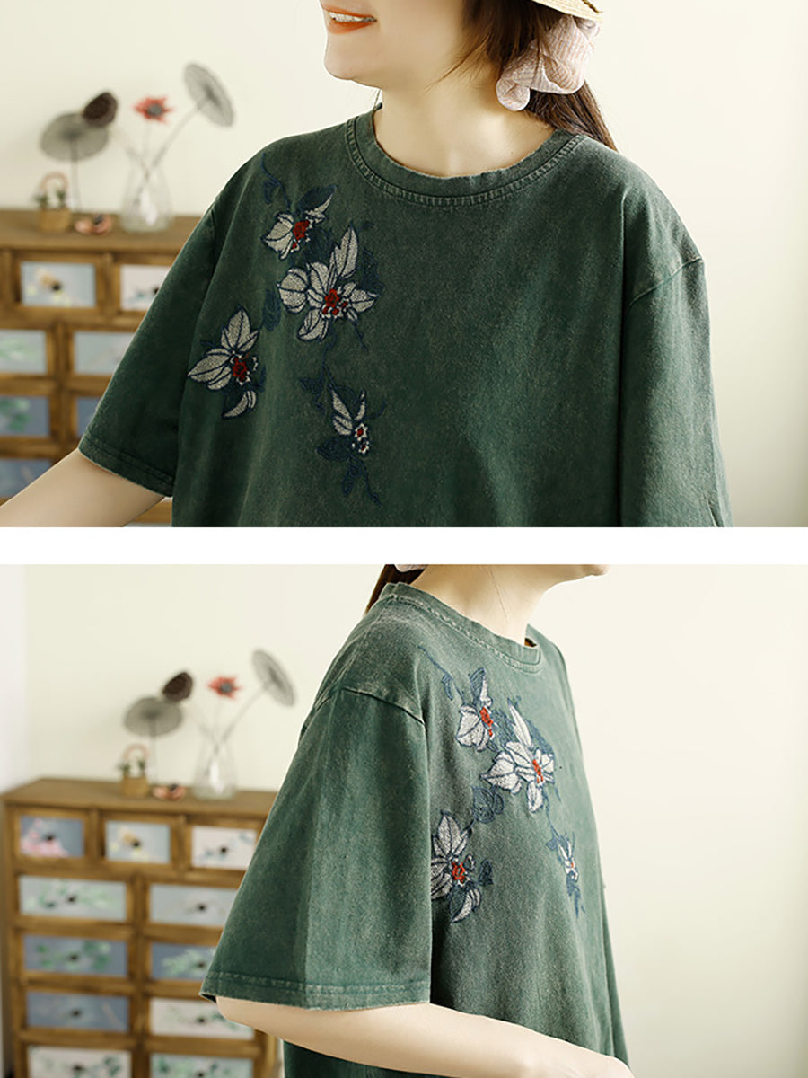 Women Summer Artsy Flower Embridery Cotton Shirt RR1012