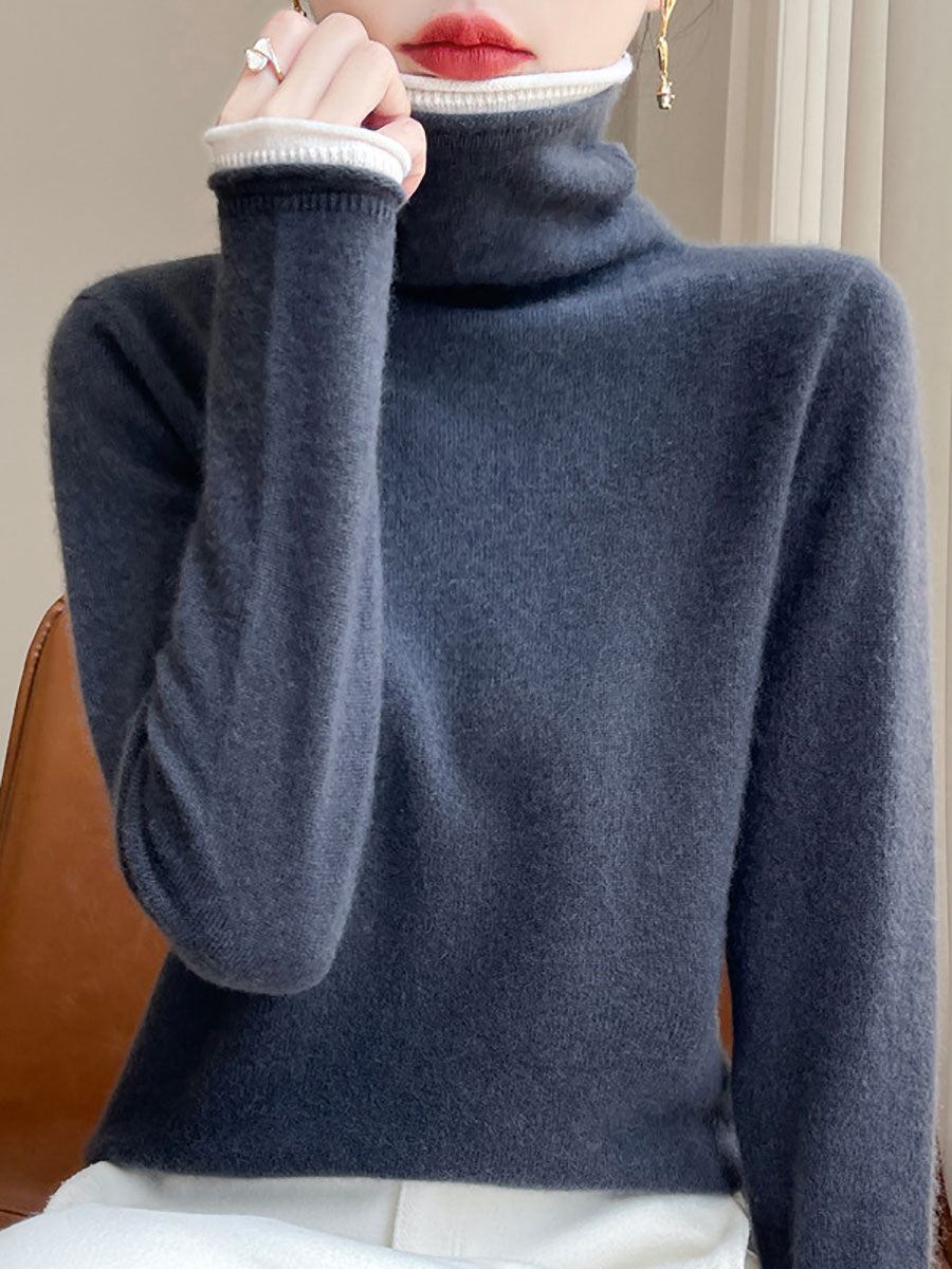 Women Autumn Turtleneck Colorblock Wool Sweater BA1010