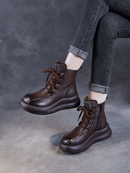 Bottes Martin à plateforme en cuir véritable vintage pour femmes QU003