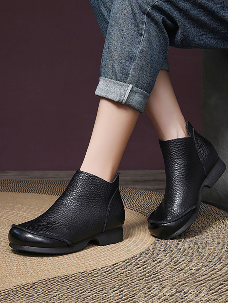 Women Elegant Solid Leather Spliced Low Heel Boots BA1069