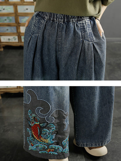 Pantalon d'été en denim à jambe large avec broderies Koi vintage pour femmes CO1049