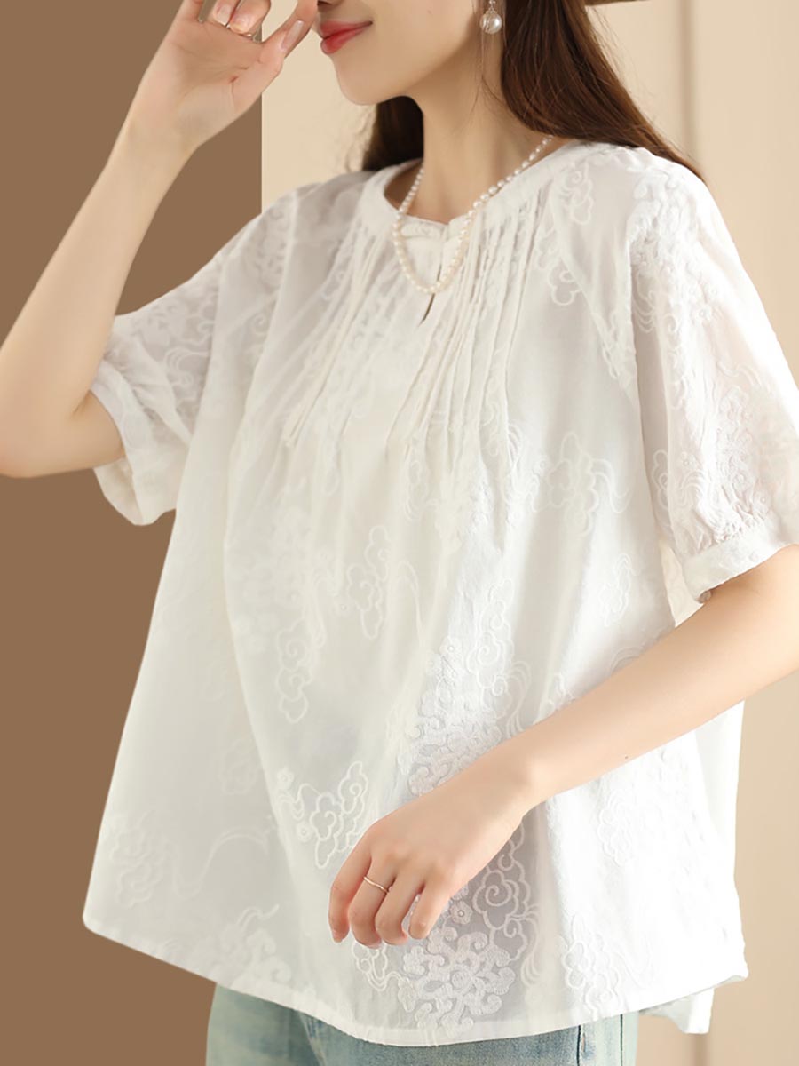 Women Artsy Solid Jacquard Shirred Cotton Loose Shirt XX1018