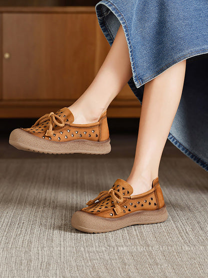 Echte Schuhe Aushöhlen Sommer Leder Flache Frauen