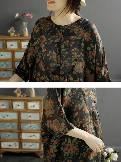 Chemise longue d'été à imprimé floral vintage en ramie pour femme KL1052