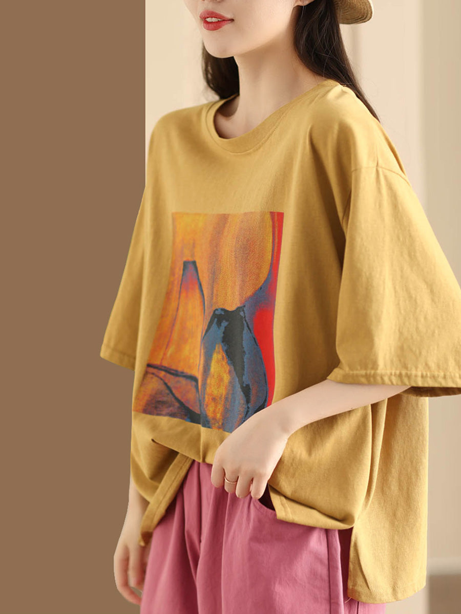 Women Summer Casual Print O-Neck Loose Shirt HH042