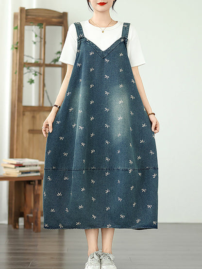 Kleid Overall Denim Bowknot Frauen Sommer Stickerei