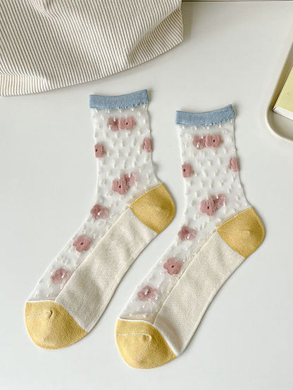 Lot de 5 paires de chaussettes fines en jacquard à fleurs artistiques pour femmes CX040