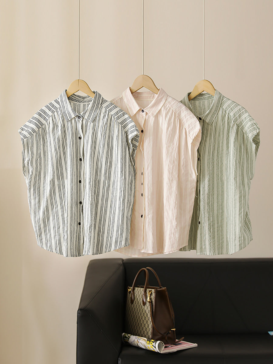 Women Summer Casual Stripe Button-up Cotton Shirt LL043