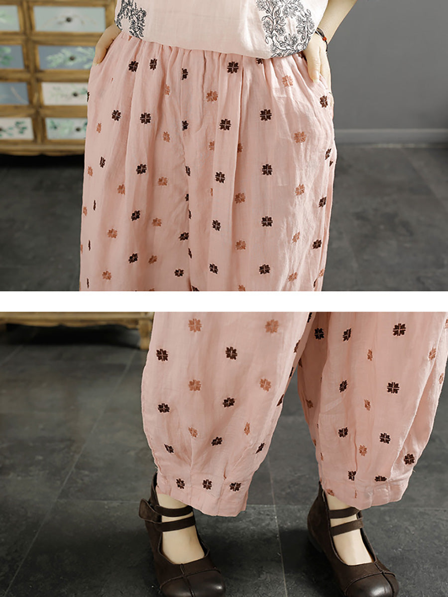 Women Spring Artsy Flower Embroidery Ramie Harem Pants KL1009