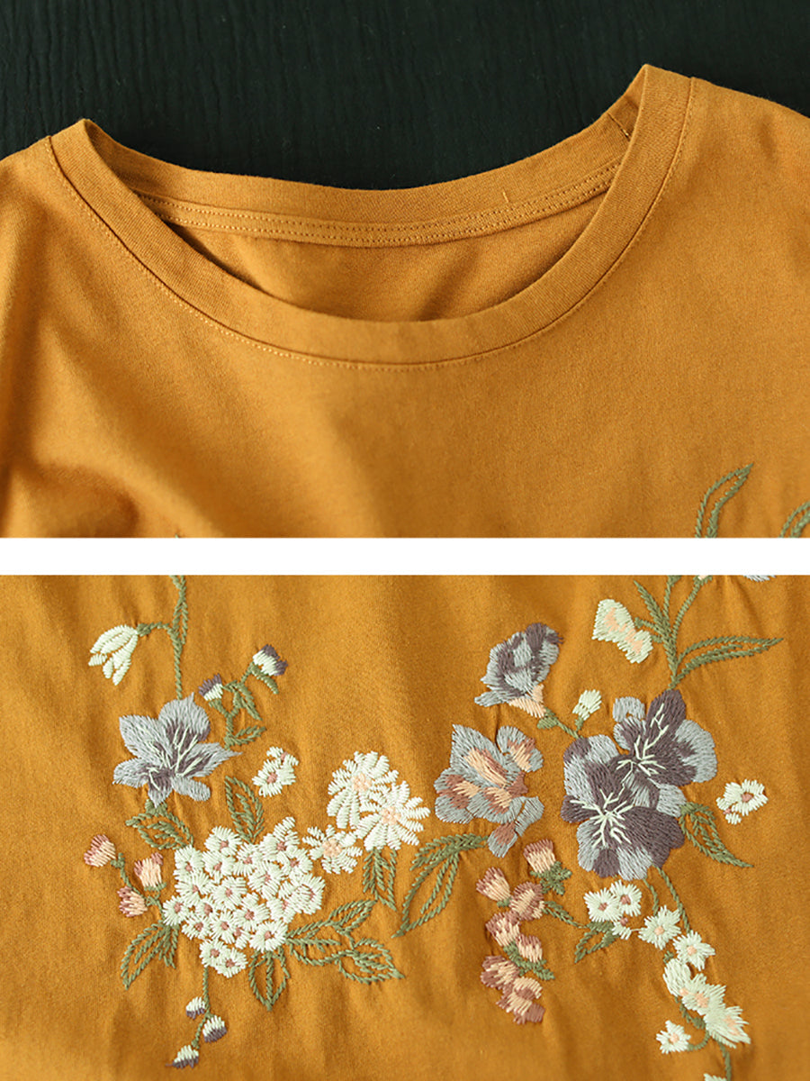 Women Summer Flower Embroidery Cotton O-Neck Shirt AS1007