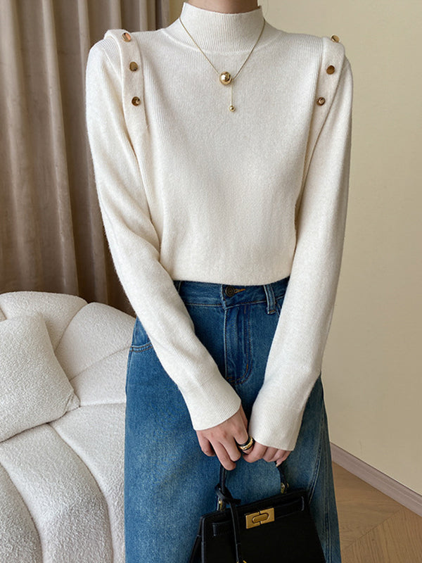 Elegant Grey High-Neck Buttoned Decor Long Sleeve Knit Sweater AN1050