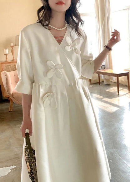 Hals Chic Sommerkleid Lang V Spitze Blumen Baumwolle Weiß Up 