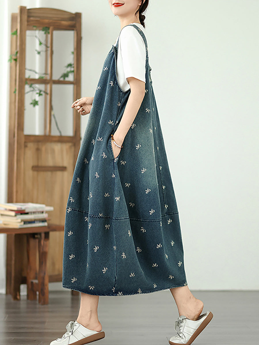 Kleid Overall Denim Bowknot Frauen Sommer Stickerei