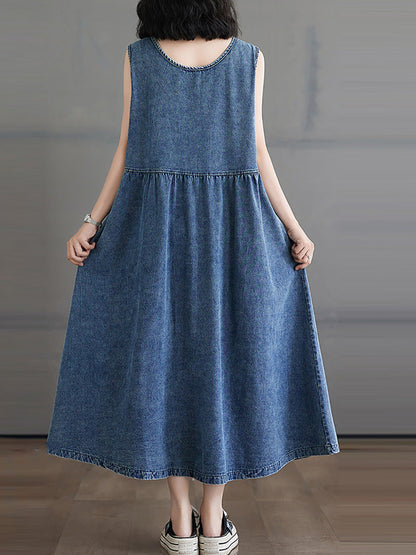 Women Casual Summer Denim A-Shape Loose Vest Dress FD054