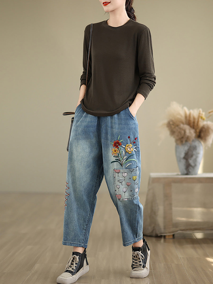 Women Autumn Artsy Flower Embroidery Denim Harem Pants AI1074