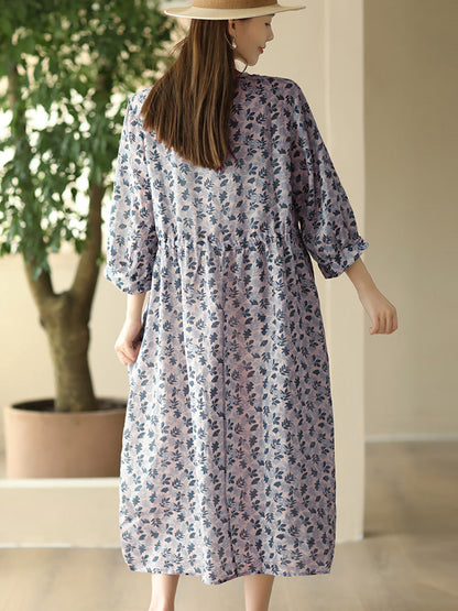 Robe d'été à bretelles et col rond pour femme en ramie à imprimé floral FD010