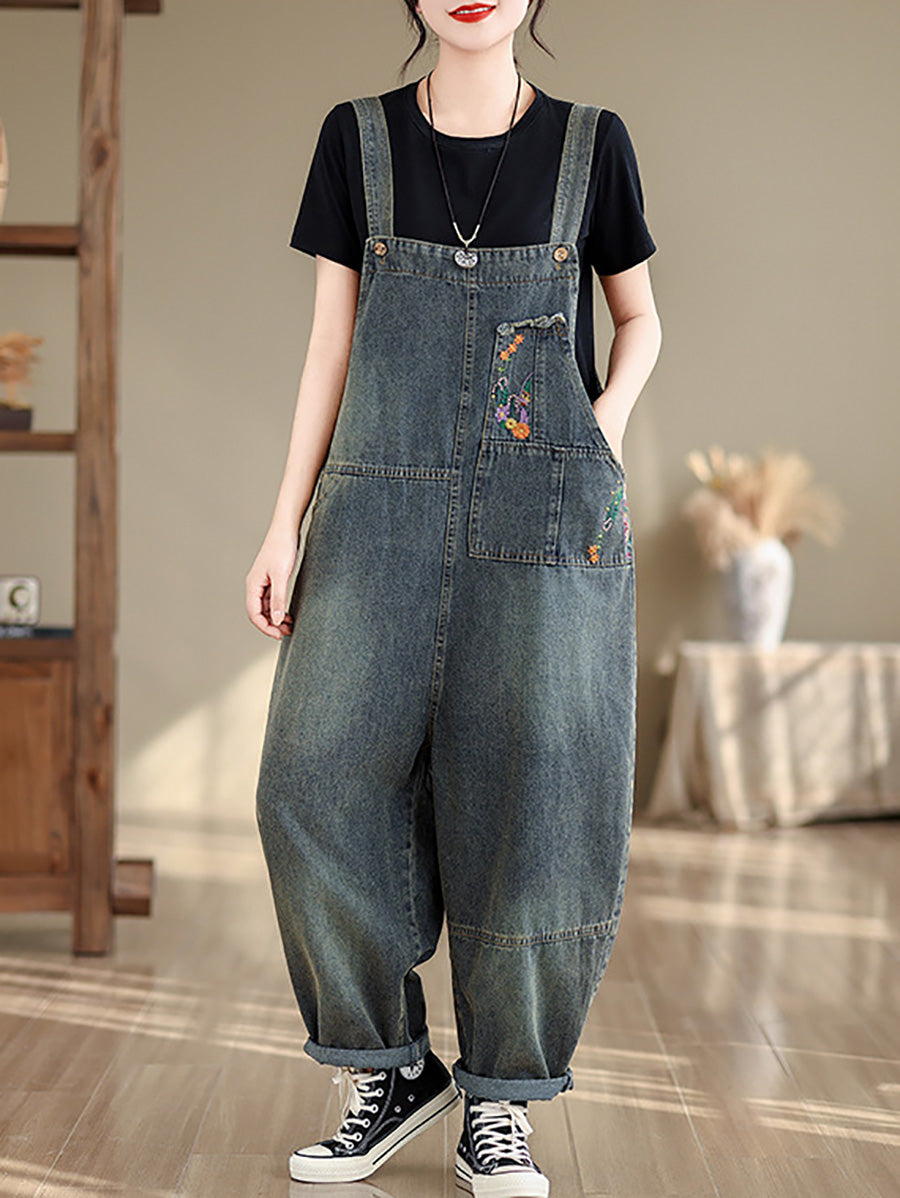 Damen Sommer Jumpsuit aus Denim mit Blumenstickerei CO1056