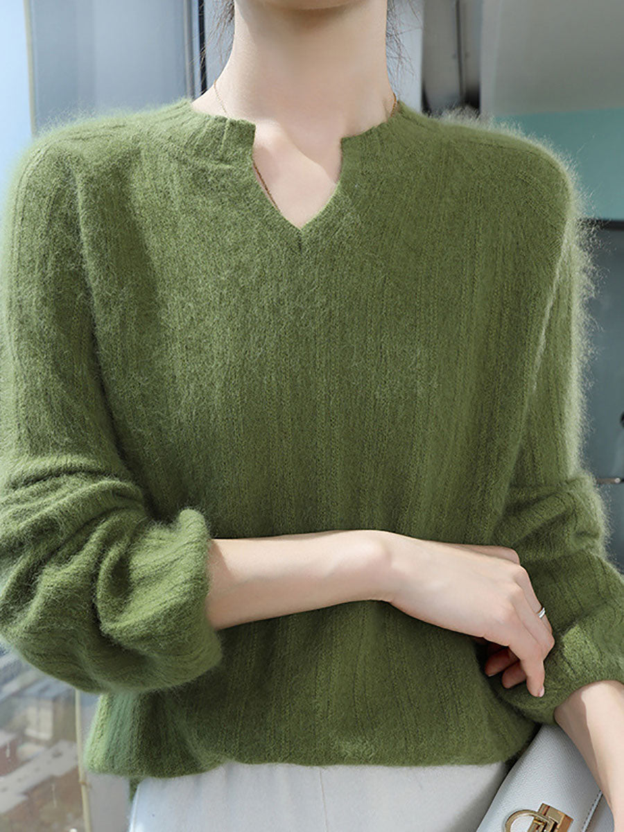 Women Autumn V-Neck Solid Wool Warm Knit Sweater AV1013