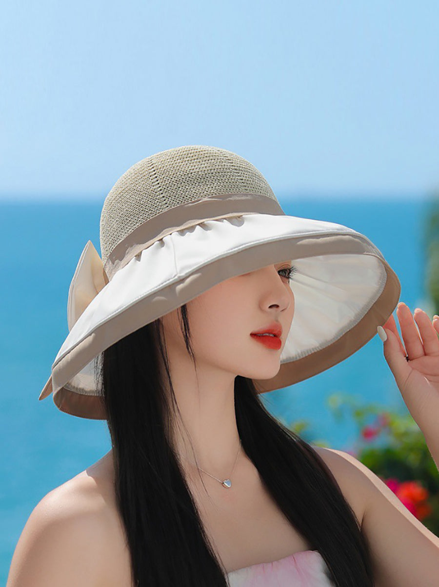 Women Summer Colorblock Large Brim Bowknot Hat WE1003