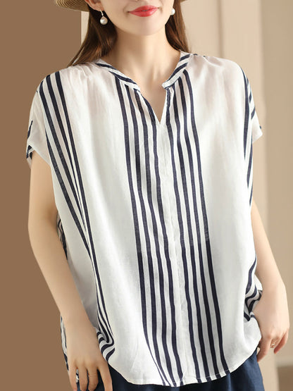 Chemise d'été en lin fin à rayures et col en V pour femme CV1053