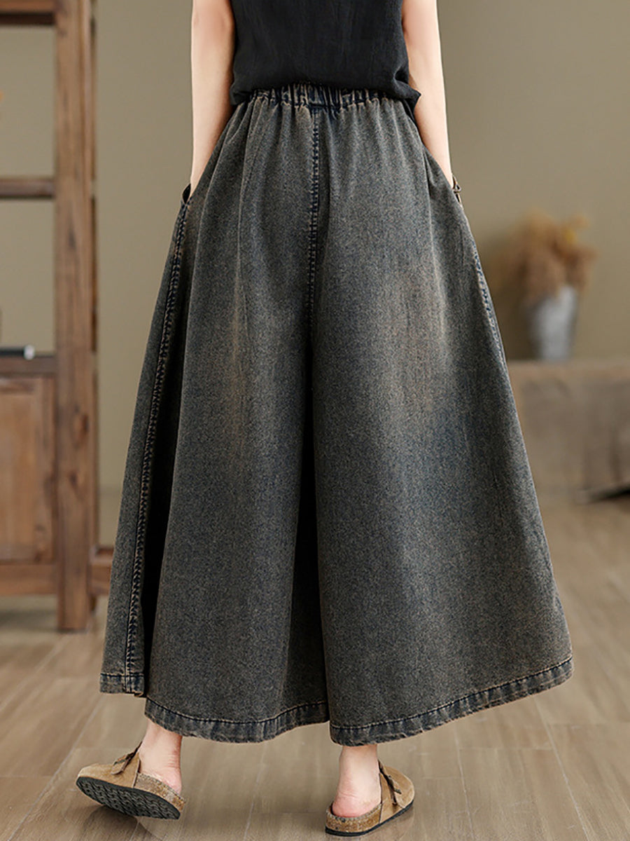 Women Summer Vintage Flower Denim Wide-leg Pants OP1010