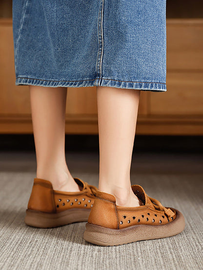 Echte Schuhe Aushöhlen Sommer Leder Flache Frauen