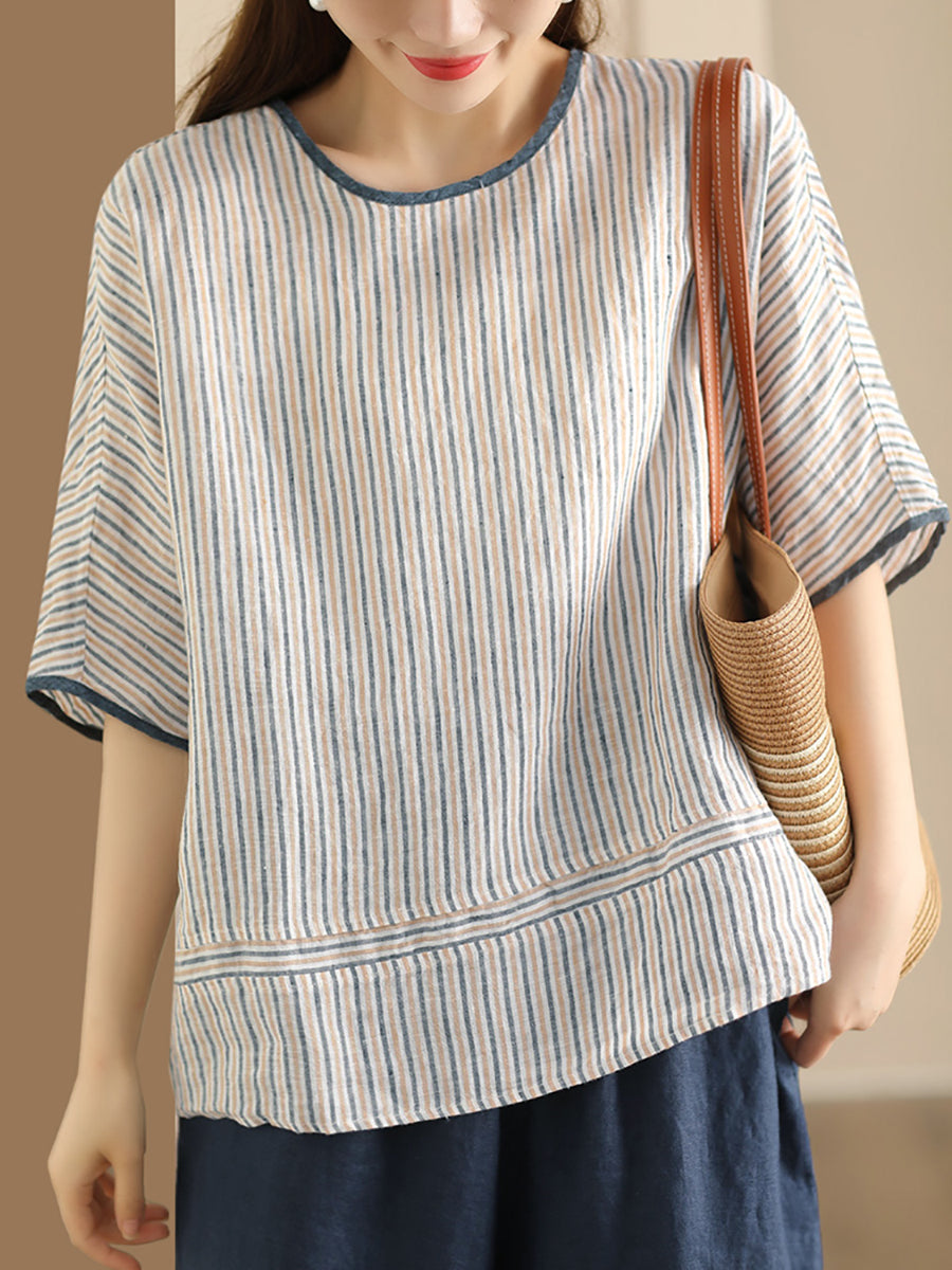 Women Summer Vintage Stripe Spliced Linen Shirt BN1040