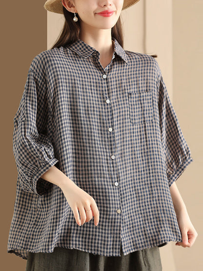 Chemise boutonnée en lin à carreaux vintage pour femme PP1034