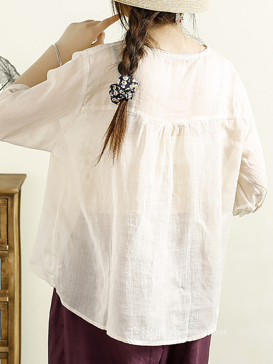 Women Summer Artsy Embroidery V-Neck Ramie Shirt PP1020