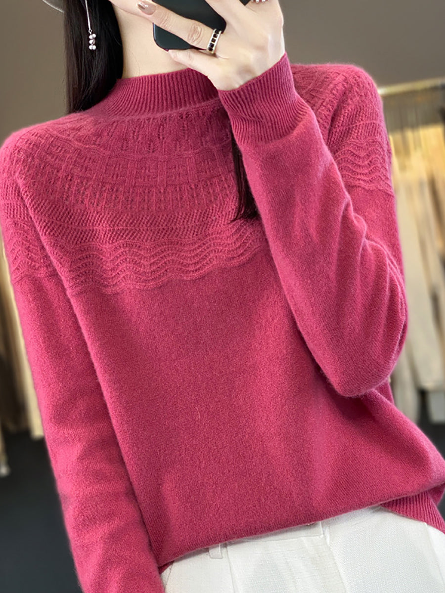 Women Autumn Cable Knit 100%Wool Half Turtleneck Sweater QN031