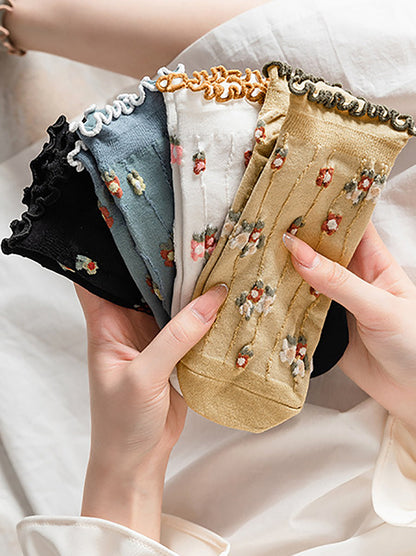 Lot de 5 paires de chaussettes d'été en jacquard à fleurs artistiques pour femmes OO1032