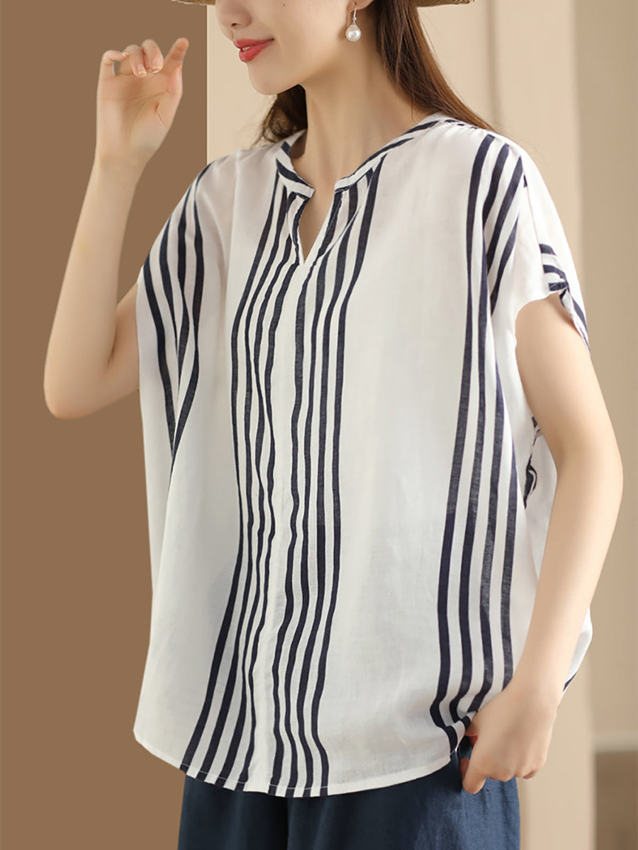 Women Summer Artsy Stripe V-Neck Thin Linen Shirt CV1053