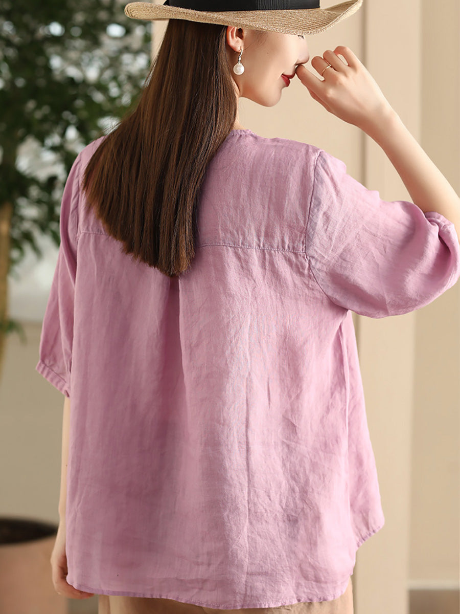 Women Summer Artsy Flower Embroidery Ramie V-Neck Shirt CC030