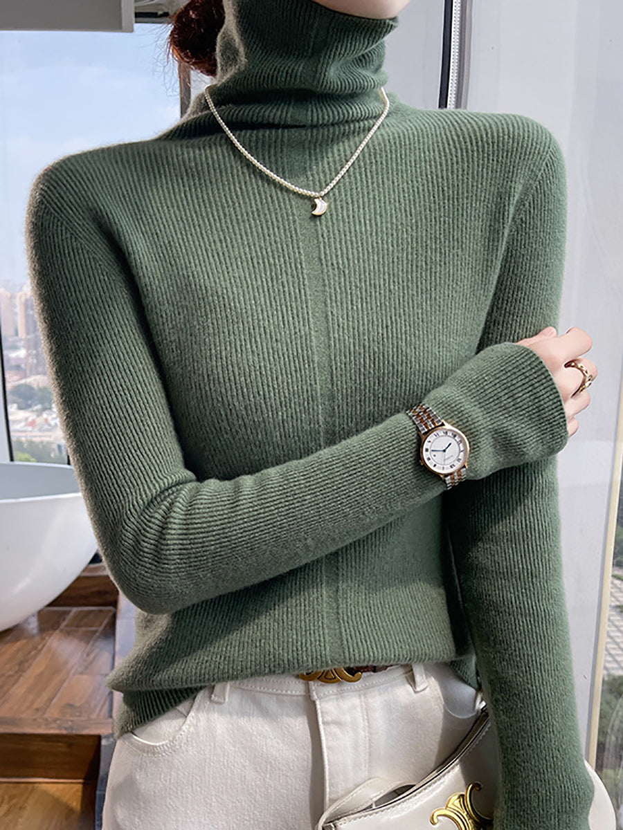 Women Autumn Casual Turtleneck 100%Wool Soft Sweater QU013