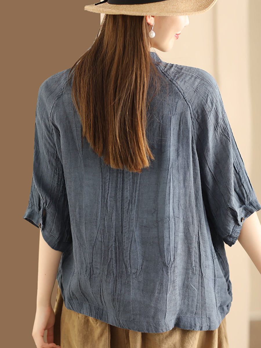 Women Summer Retro Solid Linen Button-up Shirt XX1012