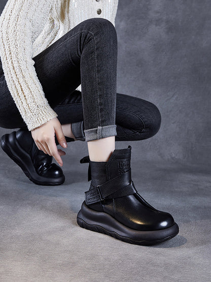 Bottines à plateforme épissées en cuir véritable vintage pour femmes QU002