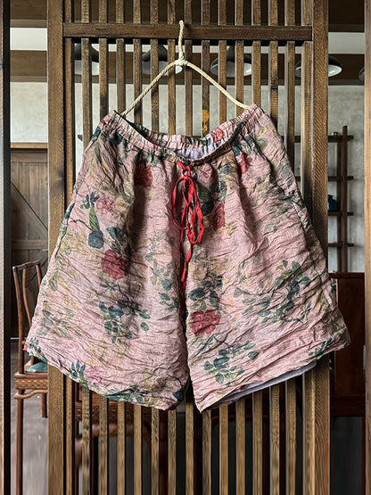 Short ample en ramie à fleurs vintage pour femme, été, AH595