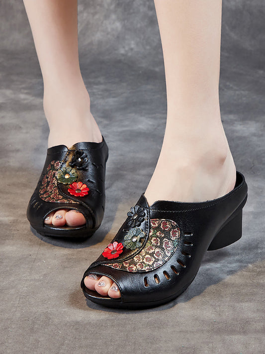 Women Summer Vintage Leather Flower Mid-Heel Sandals OO1050